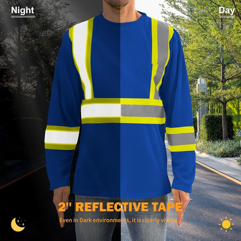 DPSAFETY Hi Vis Safety Long Sleeve Shirts，High Visibility Class 3 T Shirts with Reflective Strips and Pocket, Quick Dry Mesh Construction Work Shirt for Men/Women (Blue,2XL) - Image 4